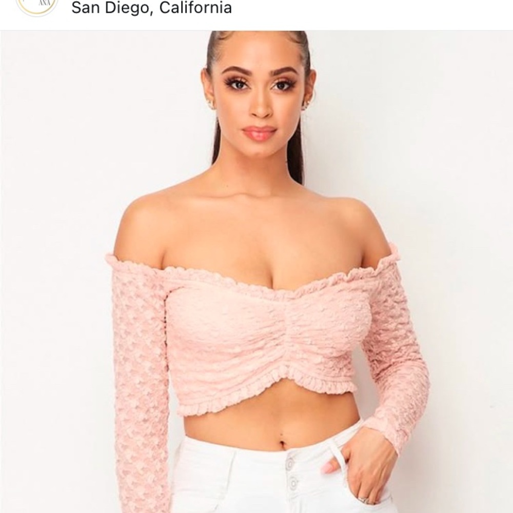 Pink Off-Shoulder Textured Crop Top
